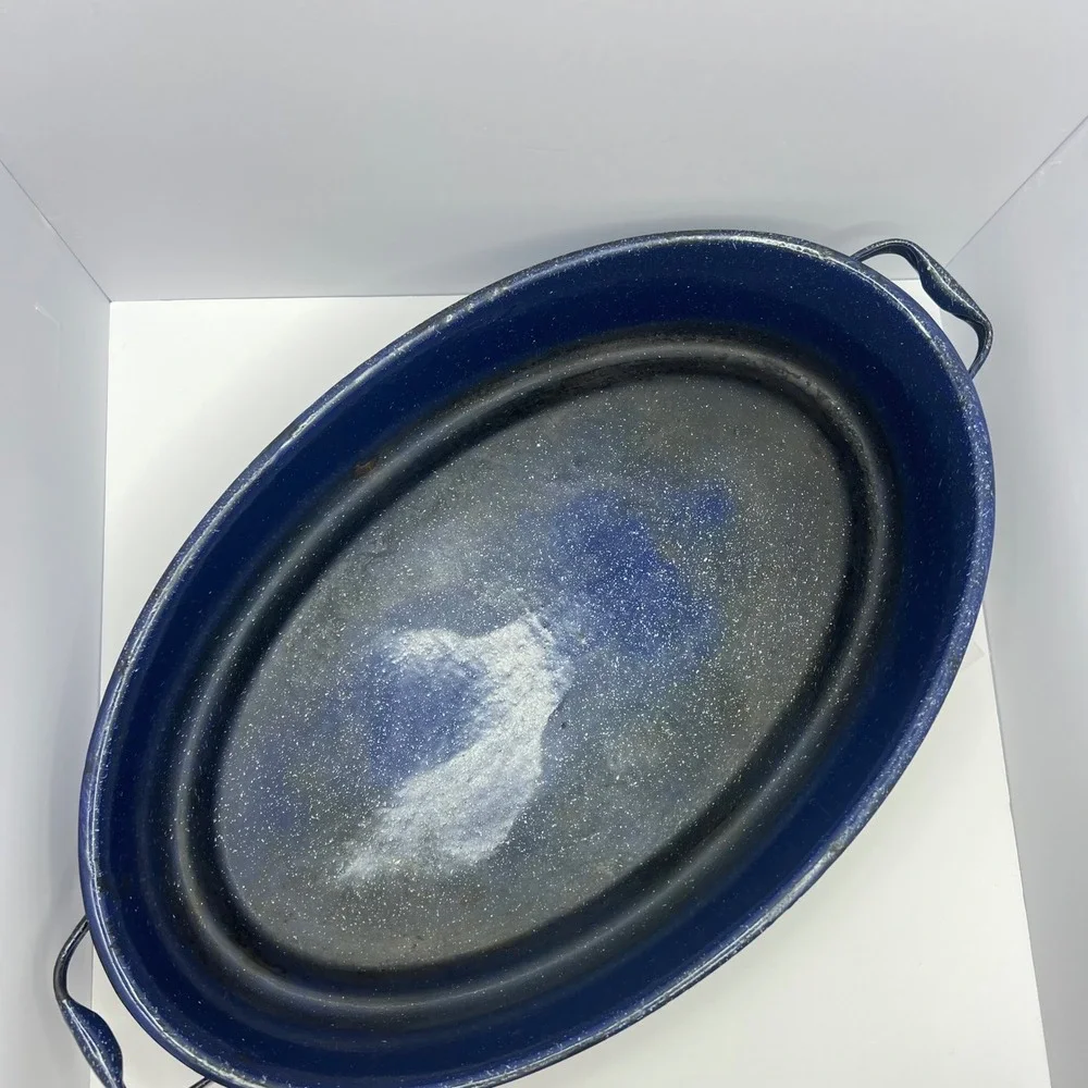 Antique Blue Speckled Enamelware Roasting Pan High Dome Lid Deep Form Farmhouse